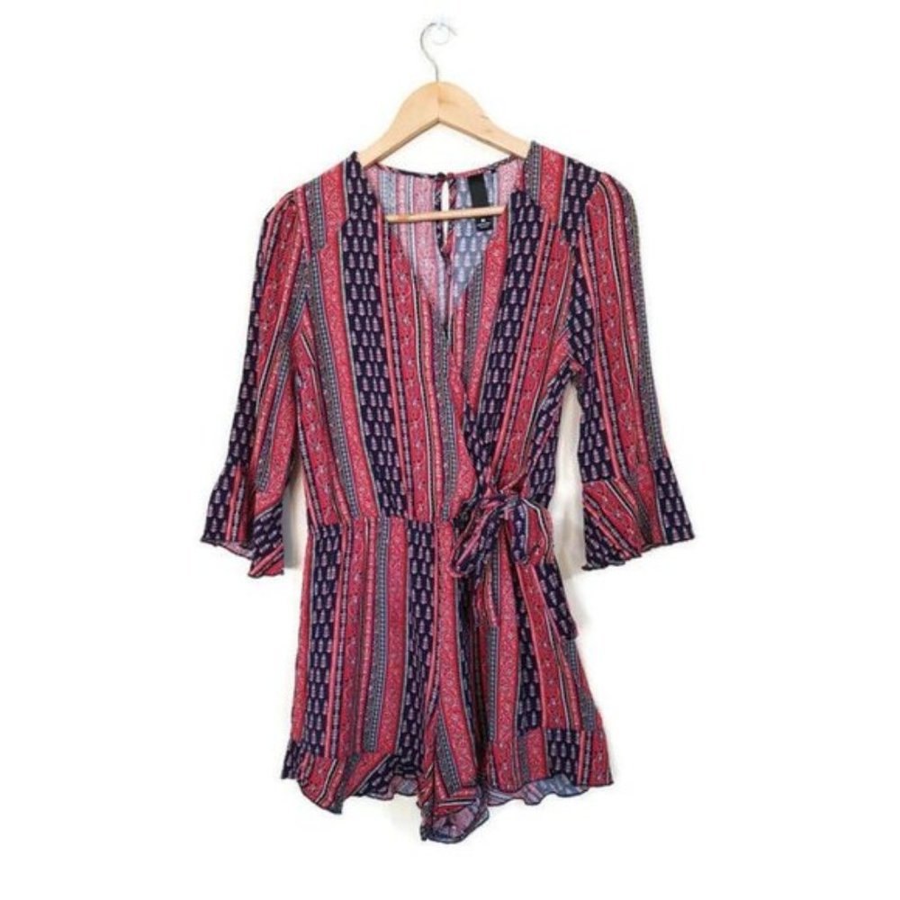 FACTORIE Red & Navy Floral Stripe Playsuit Romper Print Kabana Sleeves - Size M